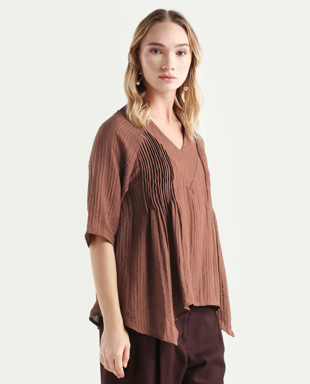 Rareism Women's Maruka Rust Polyester Blend V-Neck Plain Raglan Sleeve Regular Fit Top