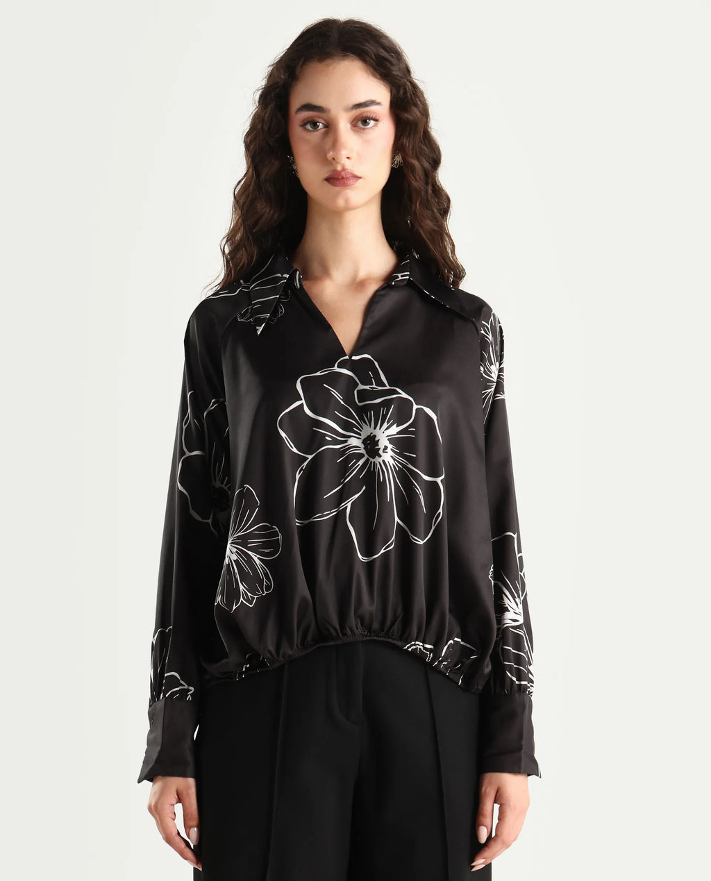 Rareism Women's Olin Dark Brown Polyester Drop Collar Floral Print Raglan Sleeve Regular Fit Top