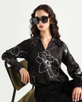Rareism Women's Olin Dark Brown Polyester Drop Collar Floral Print Raglan Sleeve Regular Fit Top