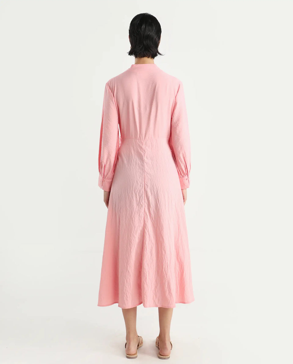 Rareism Women's Samran Peach Nylon Blend V-Neck Plain Bishop Sleeve Maxi Fit And Flare Dress