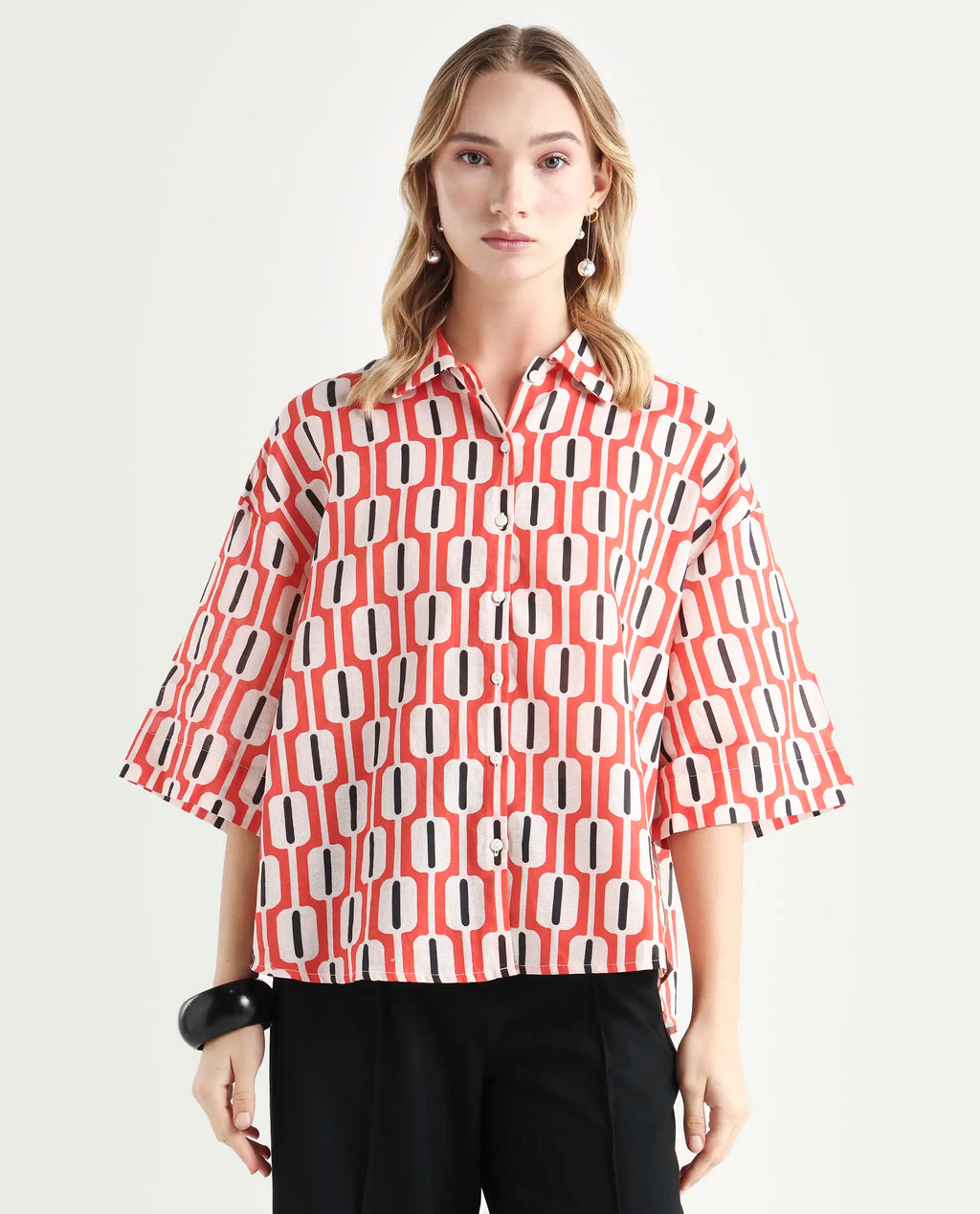 Rareism Women's Koor Multi Cotton Blend Drop Collar Geometric Print Relaxed Fit Shirt