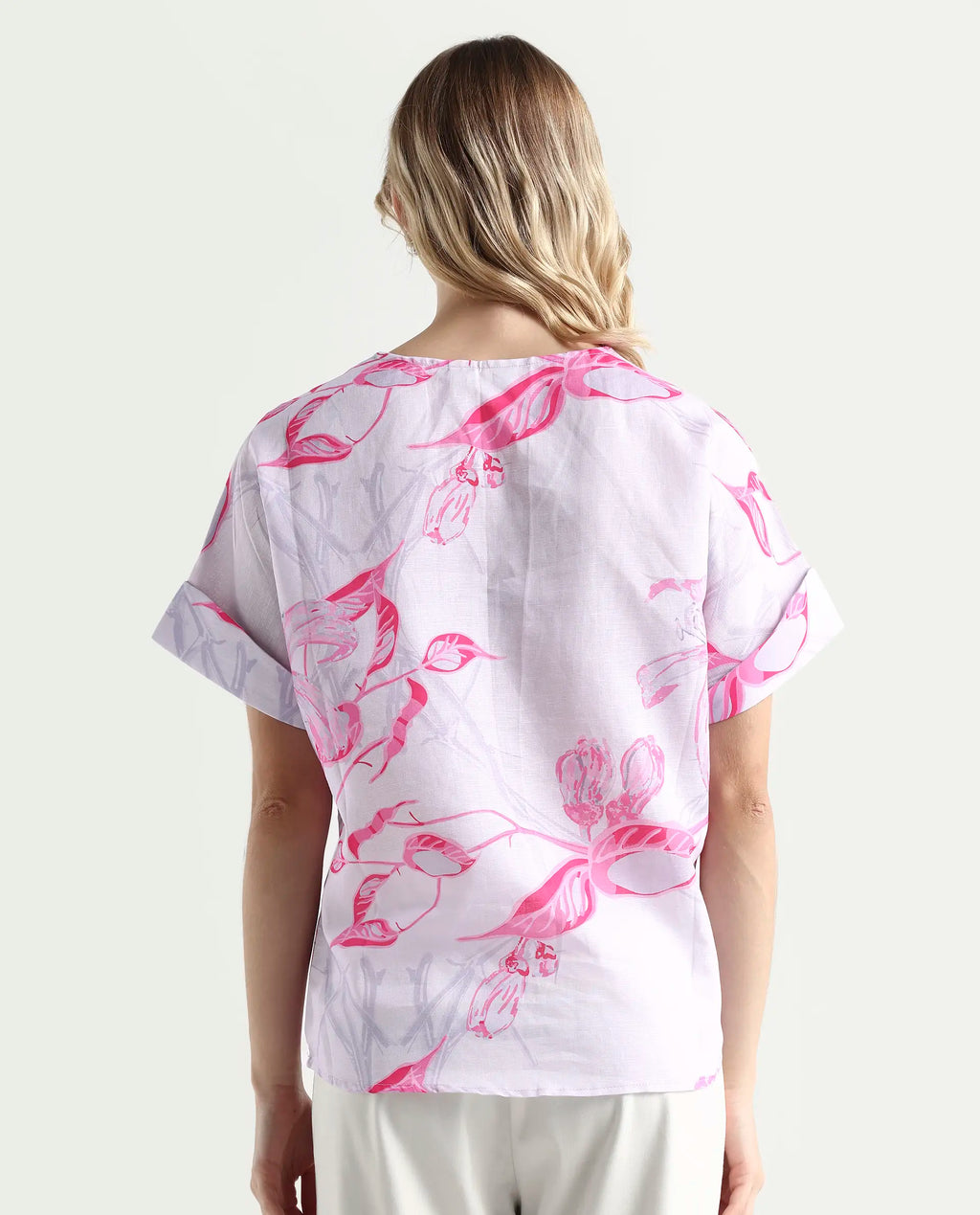 Rareism Women's Kyor Dusky Purple Cotton Blend V-Neck Floral Print Extended Sleeves Regular Fit Top