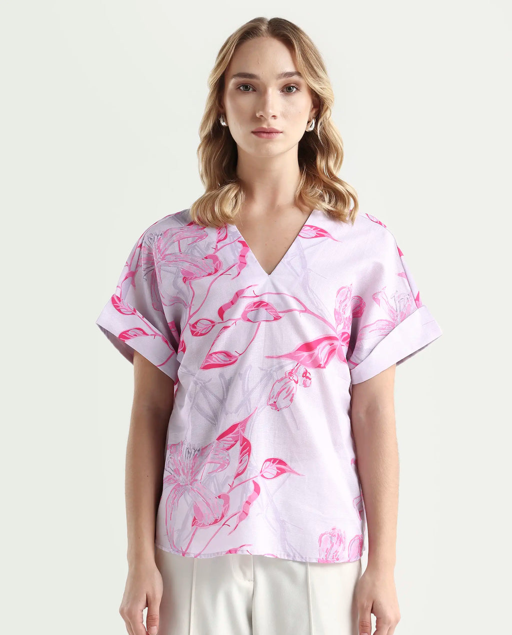 Rareism Women's Kyor Dusky Purple Cotton Blend V-Neck Floral Print Extended Sleeves Regular Fit Top