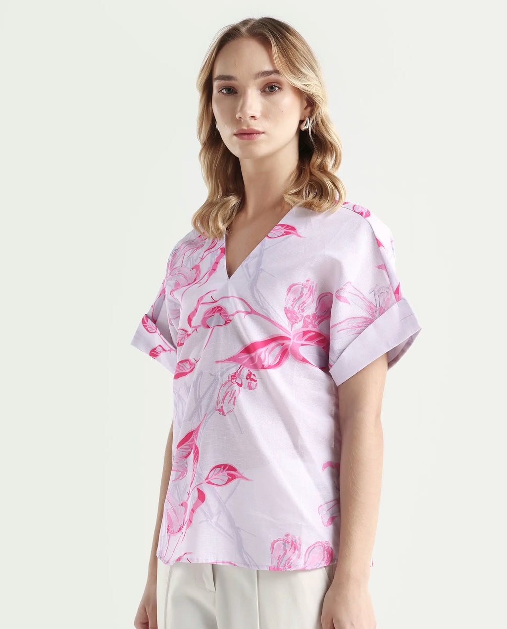 Rareism Women's Kyor Dusky Purple Cotton Blend V-Neck Floral Print Extended Sleeves Regular Fit Top
