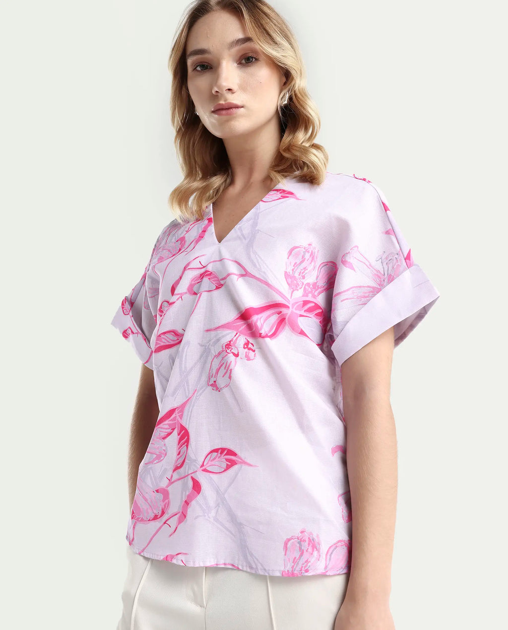Rareism Women's Kyor Dusky Purple Cotton Blend V-Neck Floral Print Extended Sleeves Regular Fit Top