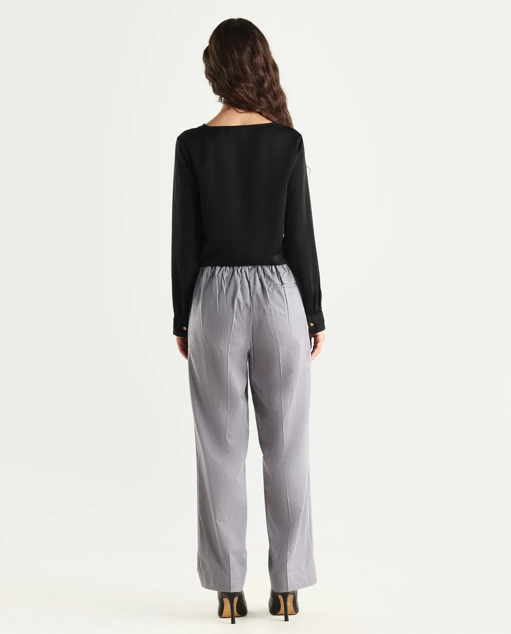 Rareism Women's Tiza Grey Polyester Blend Plain Ankle Length Straight Fit Trouser
