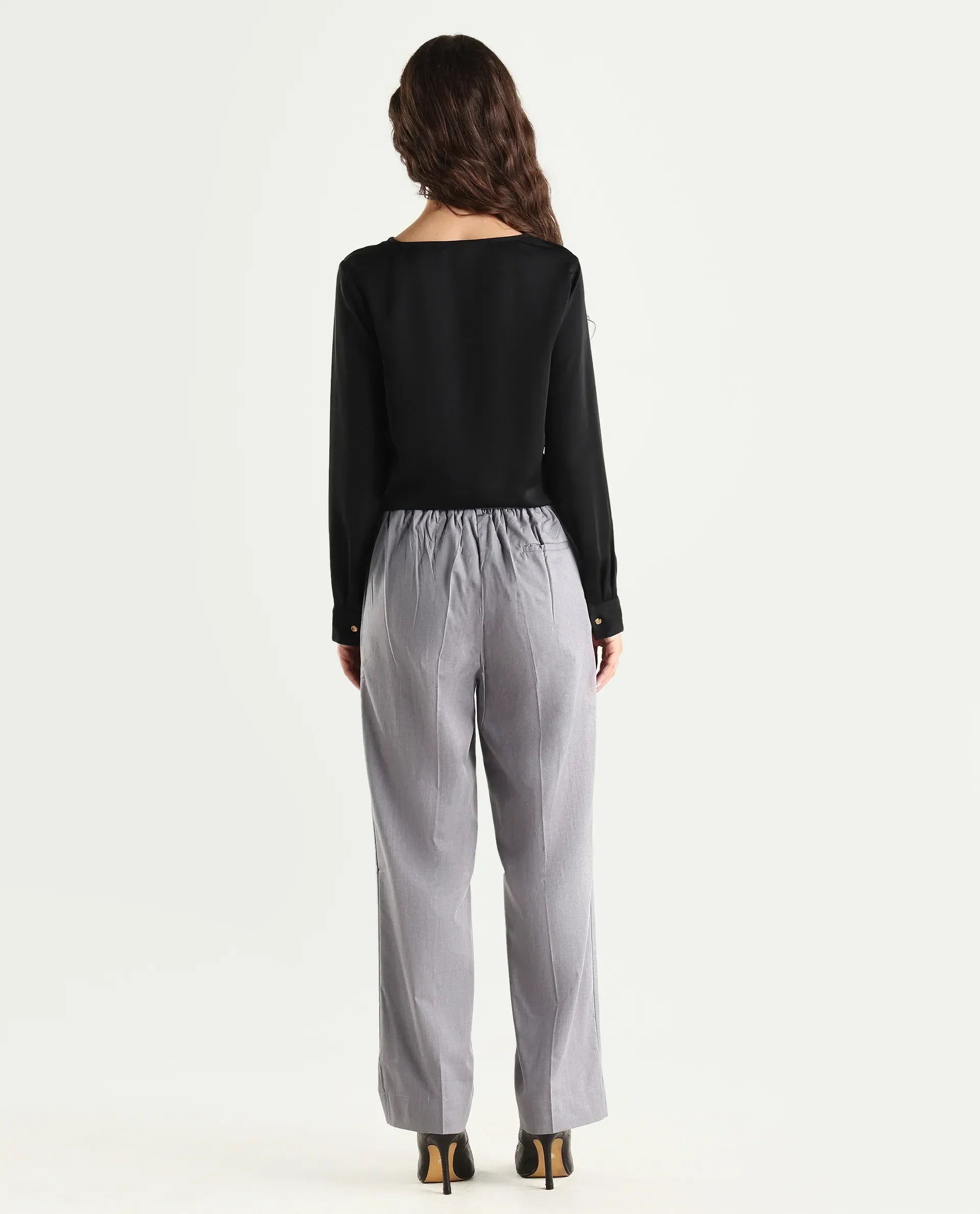 Rareism Women's Tiza Grey Polyester Blend Plain Ankle Length Straight Fit Trouser