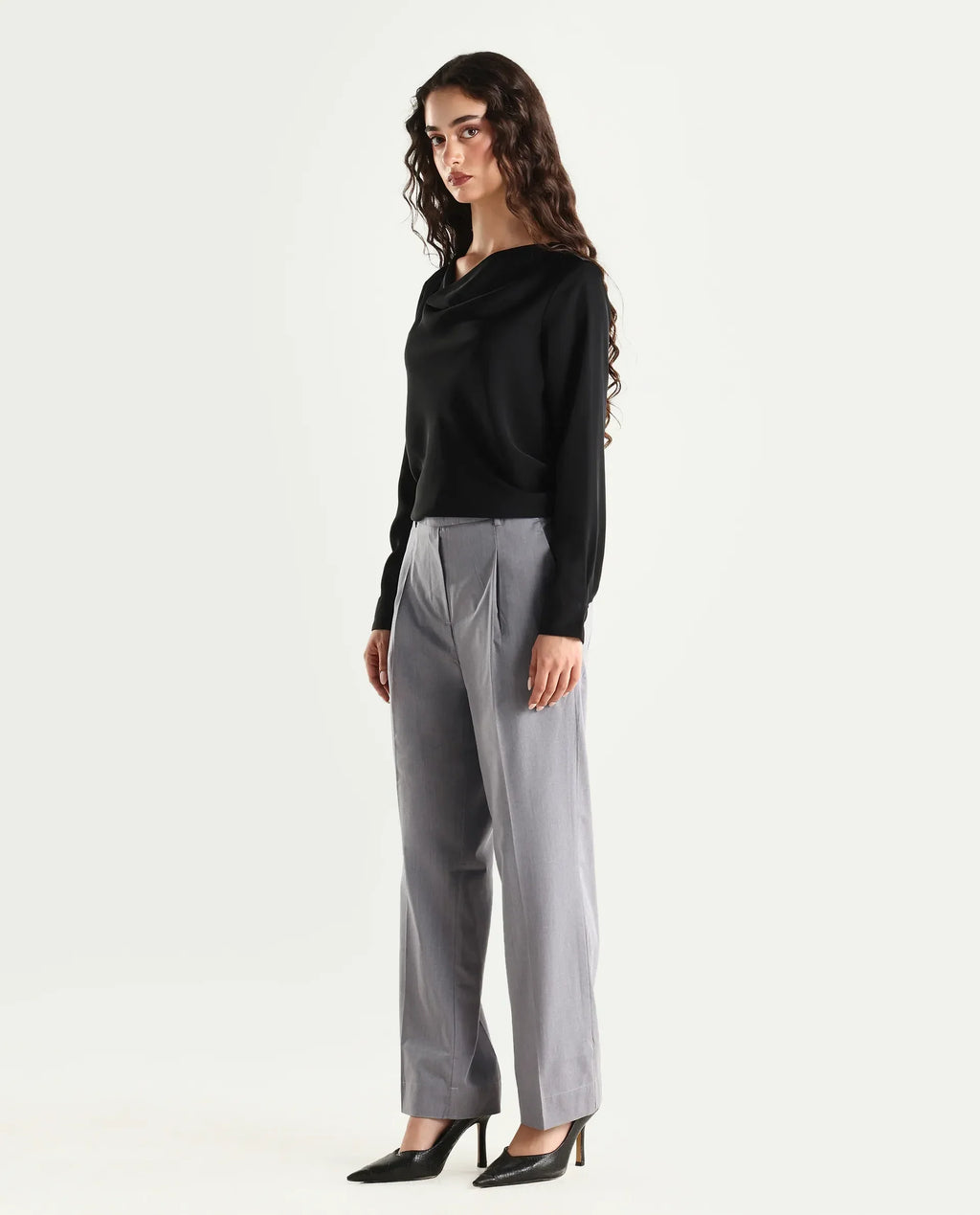 Rareism Women's Tiza Grey Polyester Blend Plain Ankle Length Straight Fit Trouser