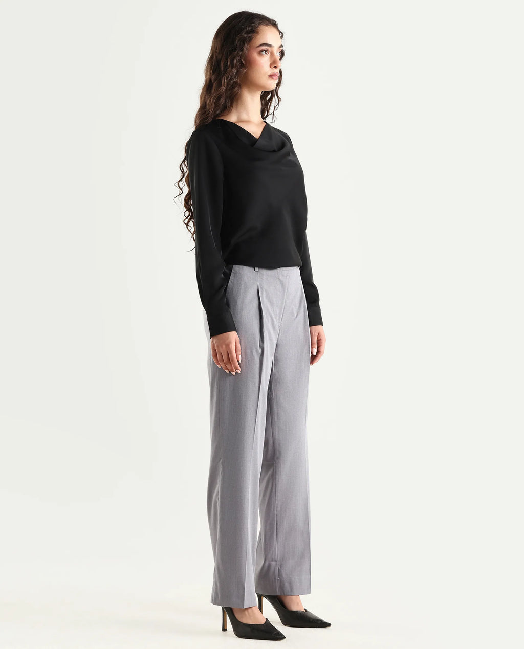 Rareism Women's Tiza Grey Polyester Blend Plain Ankle Length Straight Fit Trouser