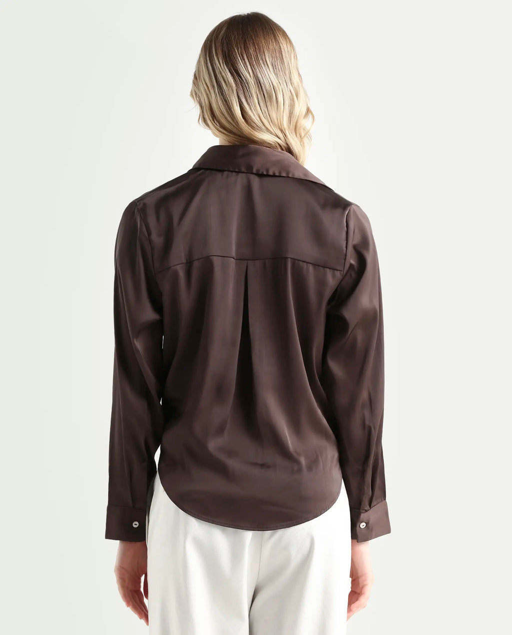 Rareism Women's Teen Brown Satin Drop Collar Plain Cuffed Sleeve Regular Fit Top