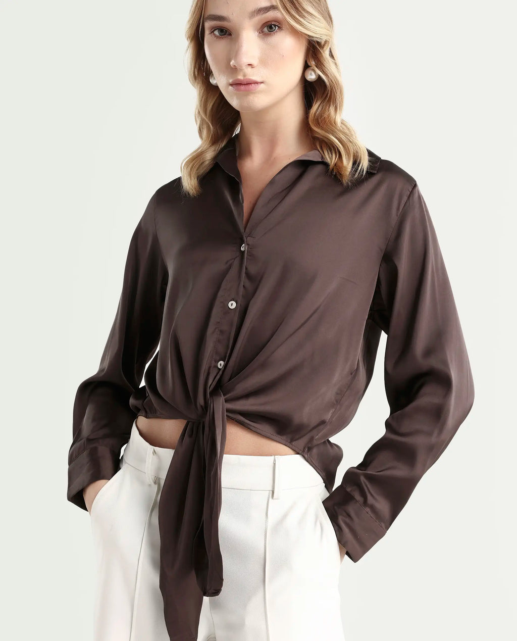 Rareism Women's Teen Brown Satin Drop Collar Plain Cuffed Sleeve Regular Fit Top