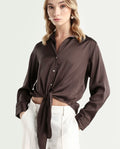 Rareism Women's Teen Brown Satin Drop Collar Plain Cuffed Sleeve Regular Fit Top