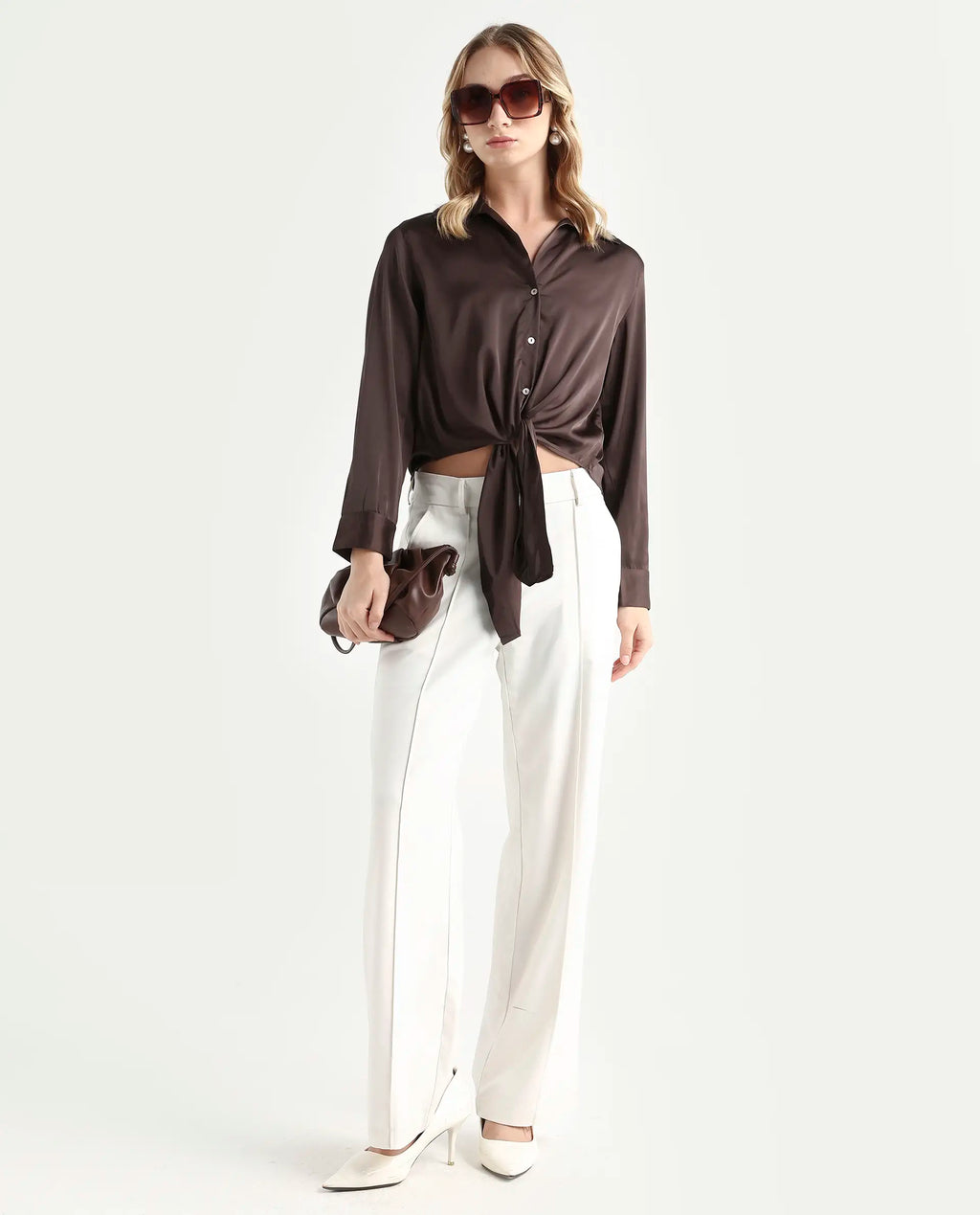 Rareism Women's Teen Brown Satin Drop Collar Plain Cuffed Sleeve Regular Fit Top