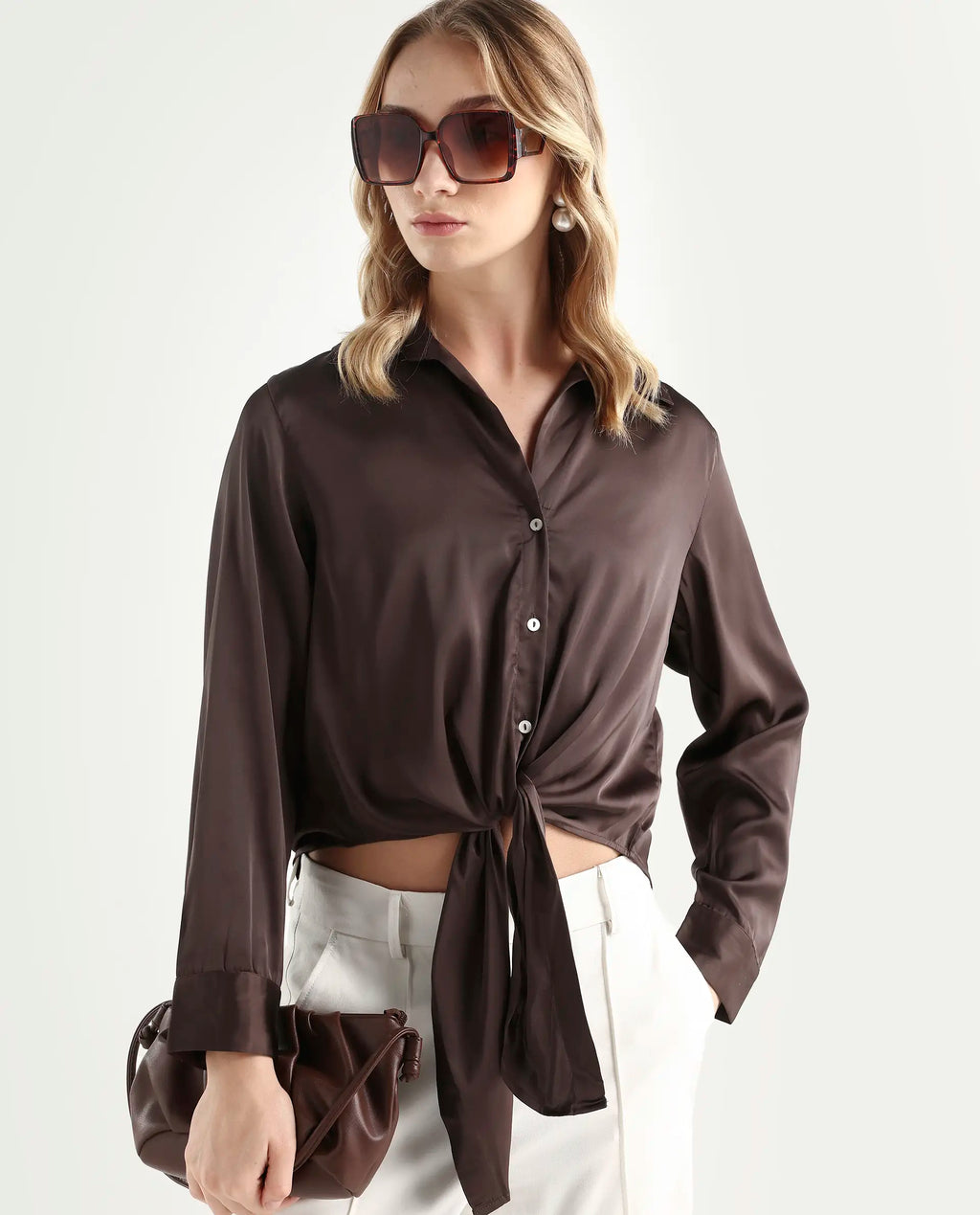 Rareism Women's Teen Brown Satin Drop Collar Plain Cuffed Sleeve Regular Fit Top