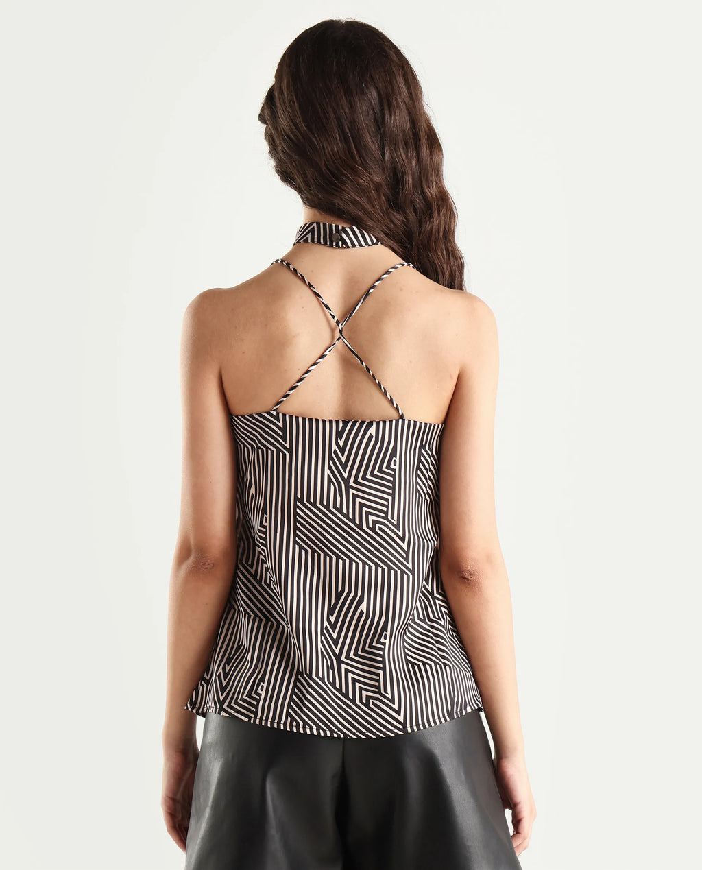 Rareism Women's Tarano Black Cotton Blend Cowl Neck Geometric Print Shoulder Strap Regular Fit Top