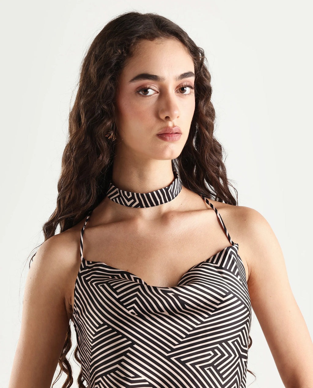 Rareism Women's Tarano Black Cotton Blend Cowl Neck Geometric Print Shoulder Strap Regular Fit Top