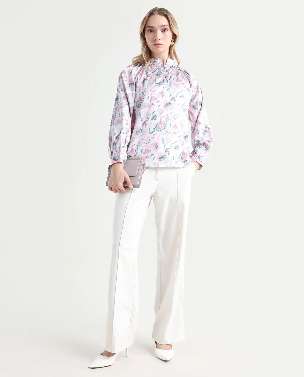 Rareism Women's Aaylinn Multi Polyester Blend High Neck Floral Print Cuffed Sleeve Relaxed Fit Top