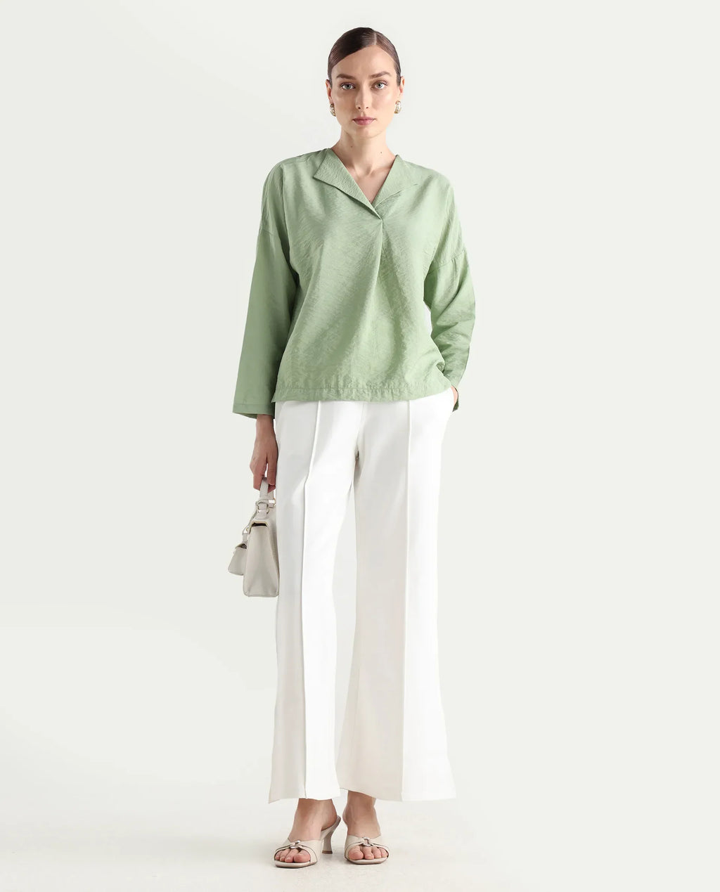 Rareism Women's Drap Green Nylon Blend Lapel Neck Plain Relaxed Fit Top