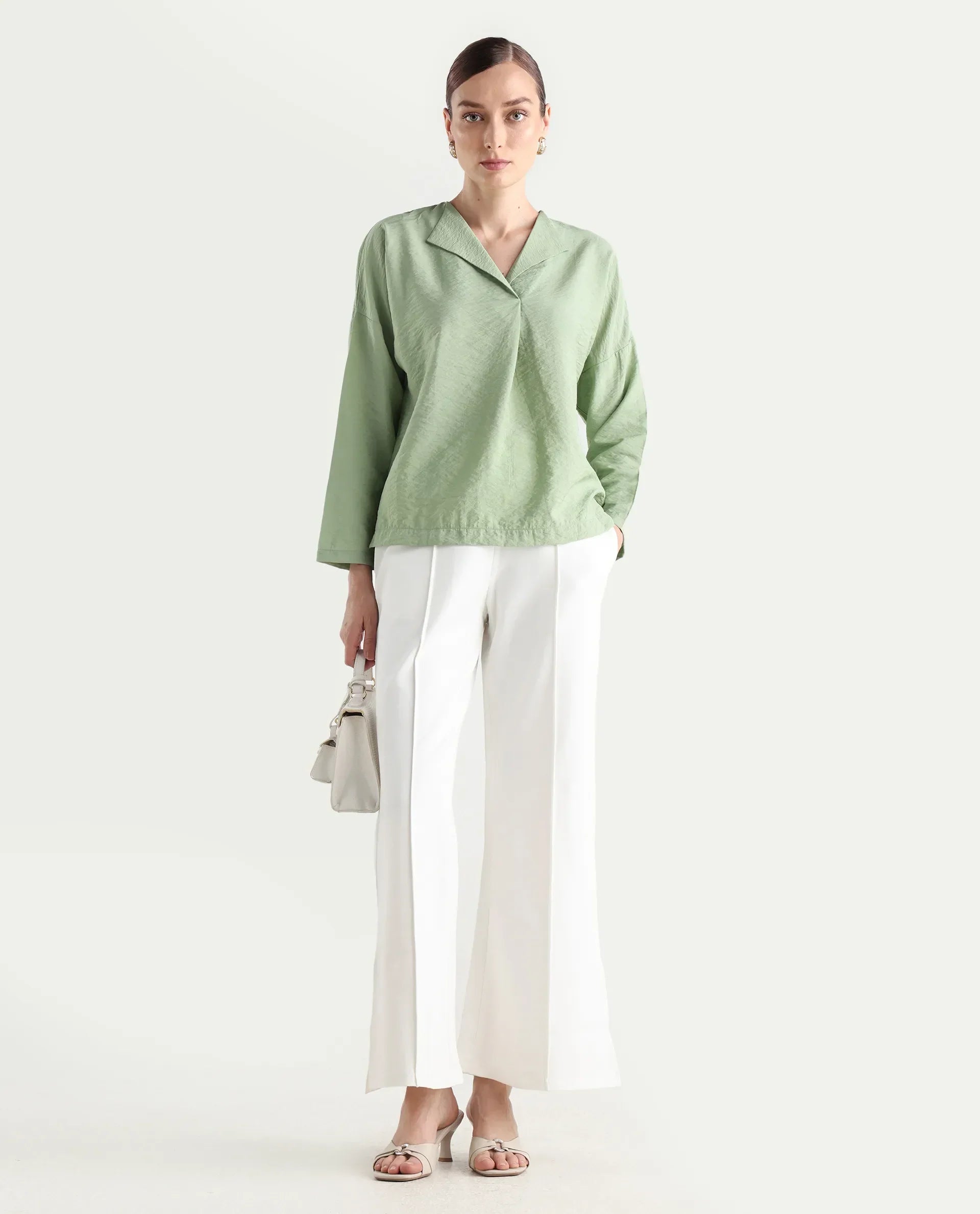 Rareism Women's Drap Green Nylon Blend Lapel Neck Plain Relaxed Fit Top