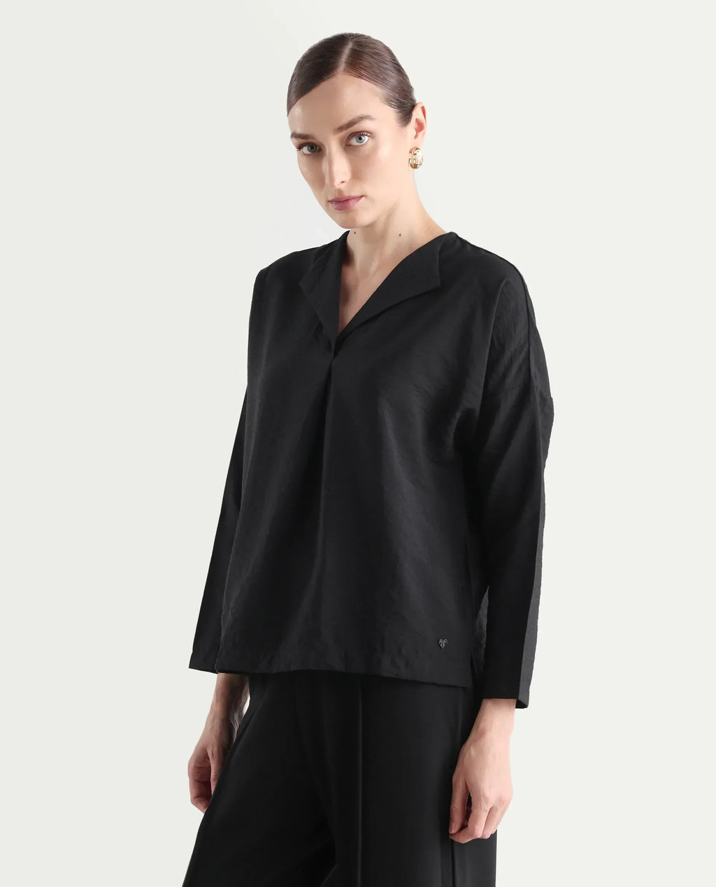 Rareism Women's Drap Black Nylon Blend Lapel Neck Plain Relaxed Fit Top