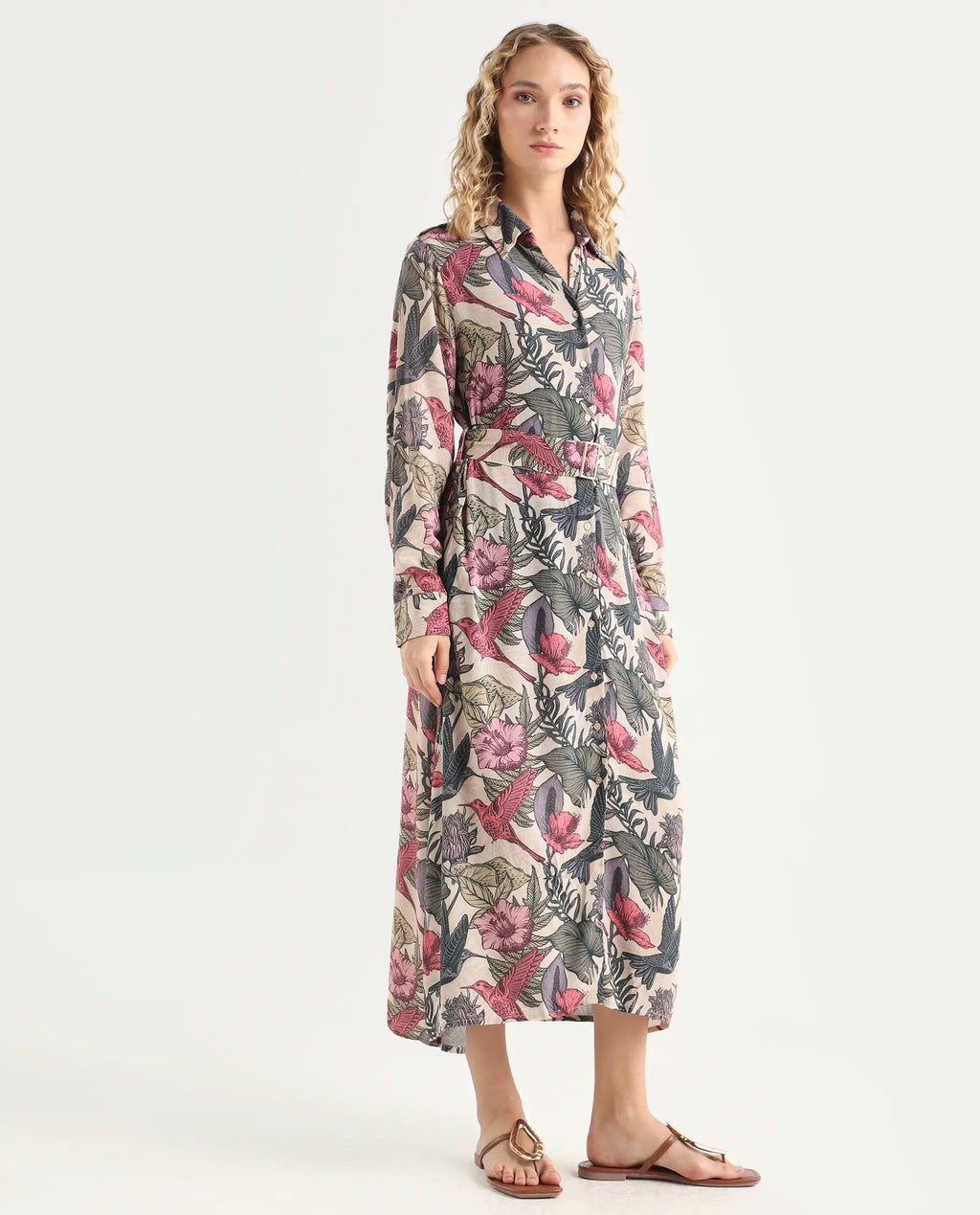 Rareism Women's Korean Multi Moroccan Crepe Drop Collar Abstract Print Cuffed Sleeve Maxi Fit And Flare Dress