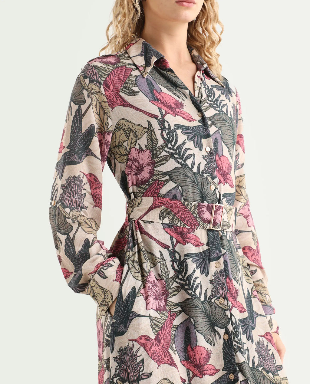 Rareism Women's Korean Multi Moroccan Crepe Drop Collar Abstract Print Cuffed Sleeve Maxi Fit And Flare Dress