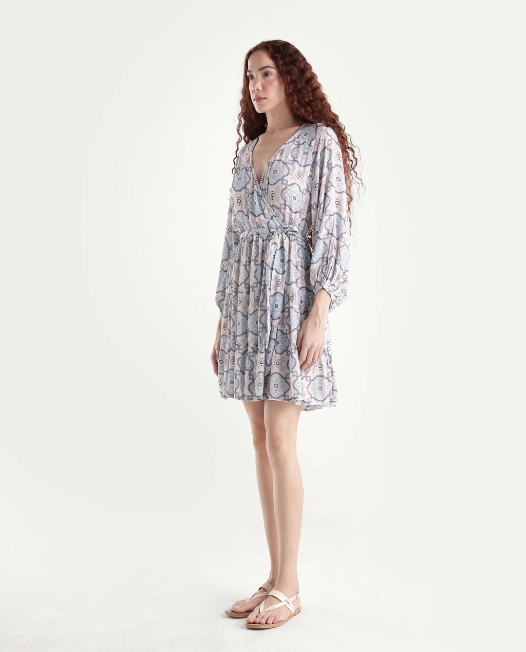 Rareism Women's Mage-Light Blue Rayon Overlap Neck Abstract Print Raglan Sleeve Mini Fit And Flare Dress