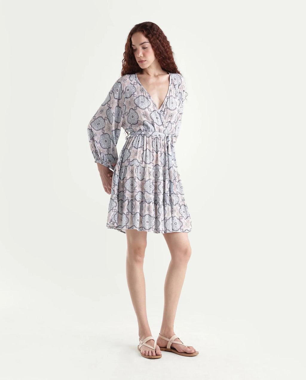 Rareism Women's Mage-Light Blue Rayon Overlap Neck Abstract Print Raglan Sleeve Mini Fit And Flare Dress