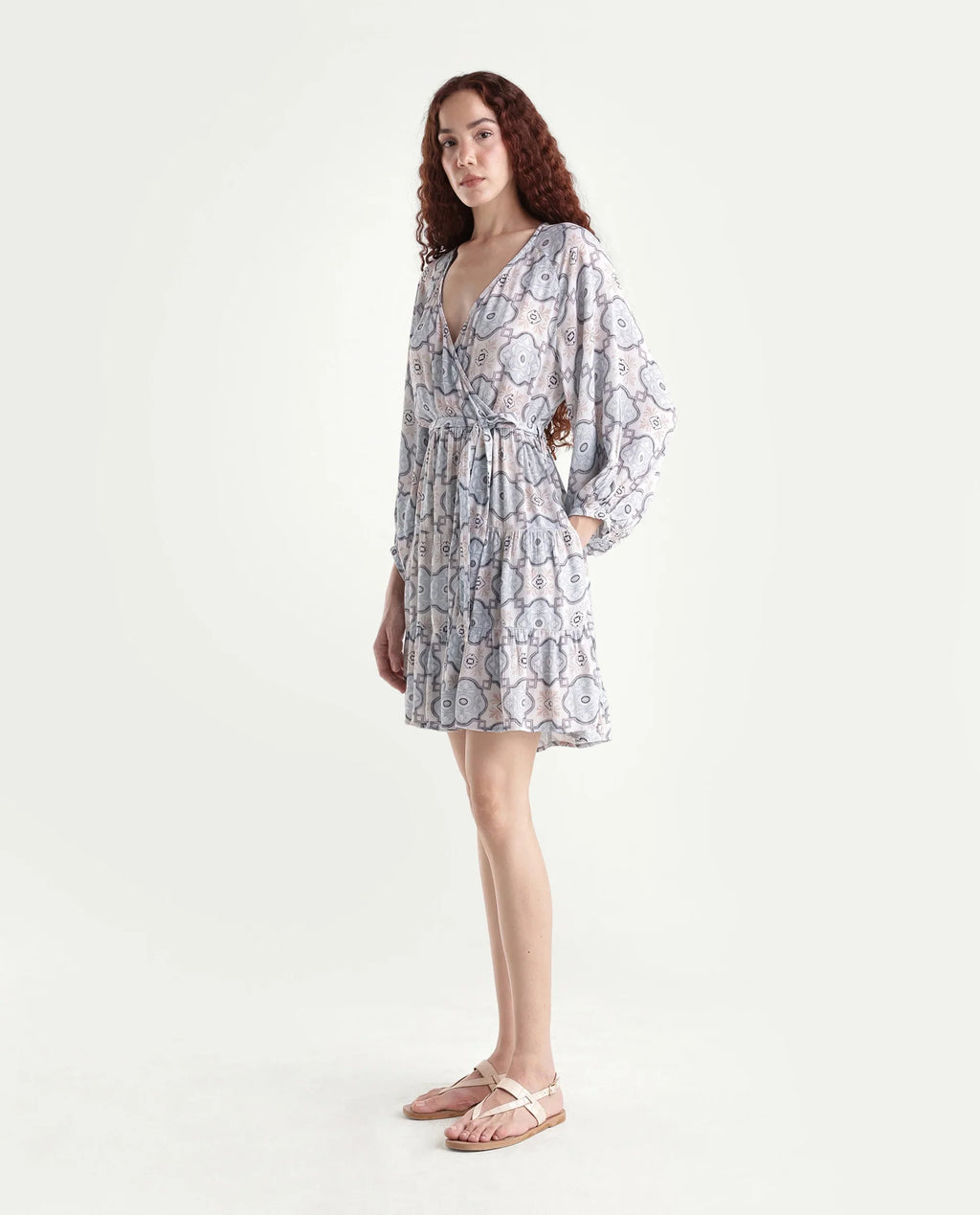 Rareism Women's Mage-Light Blue Rayon Overlap Neck Abstract Print Raglan Sleeve Mini Fit And Flare Dress