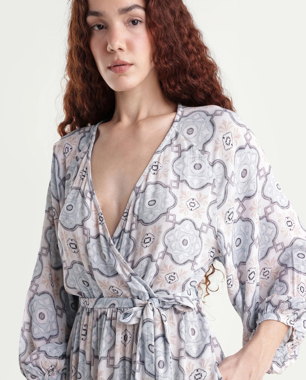Rareism Women's Mage-Light Blue Rayon Overlap Neck Abstract Print Raglan Sleeve Mini Fit And Flare Dress