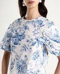 Rareism Women's Bobbie Blue Cotton Drop Collar Floral Print Raglan Sleeve Regular Fit Top
