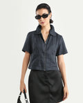 Rareism Women's Klapo Black Viscose Blend Drop Collar Striped Crop Regular Fit Top