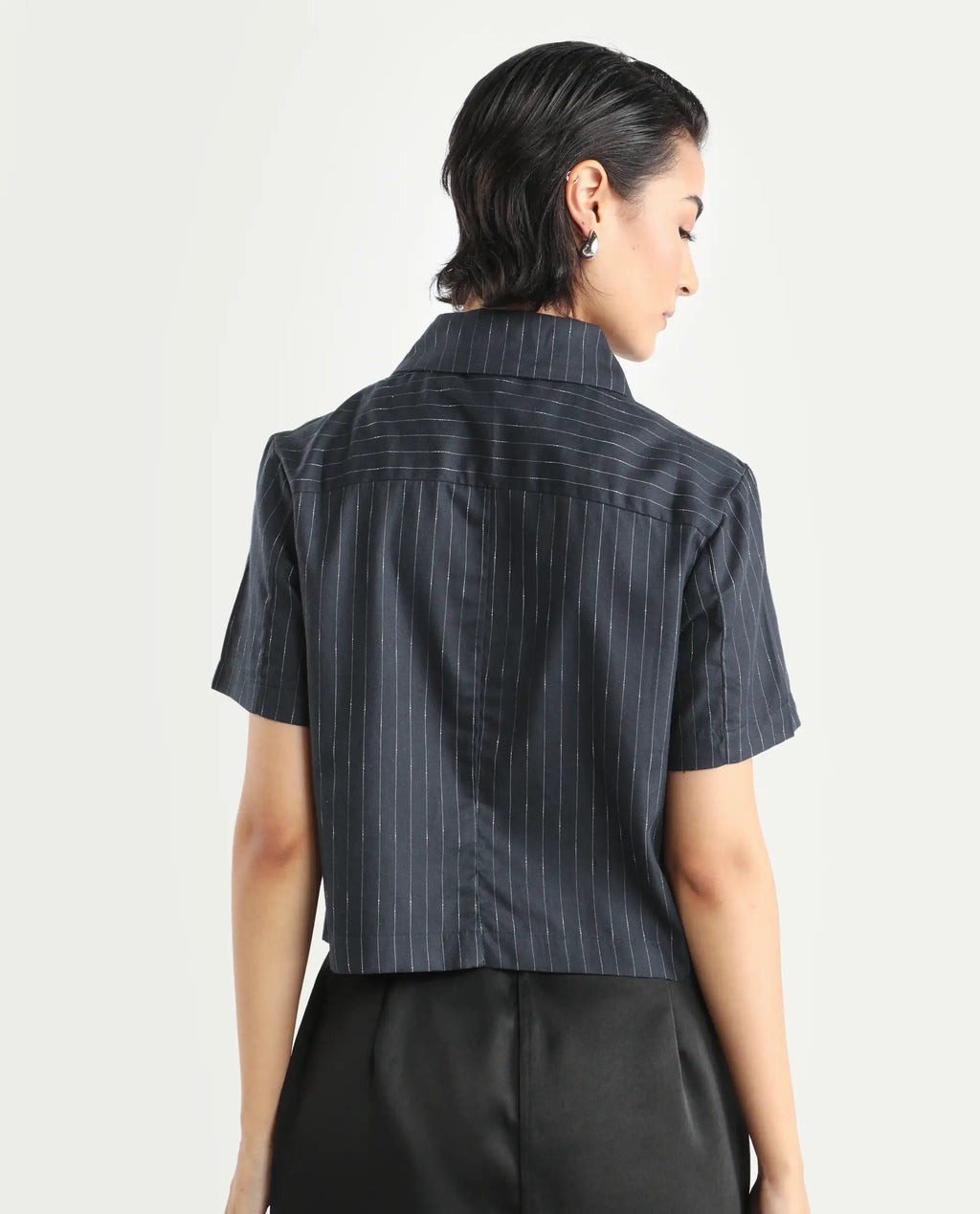 Rareism Women's Klapo Black Viscose Blend Drop Collar Striped Crop Regular Fit Top