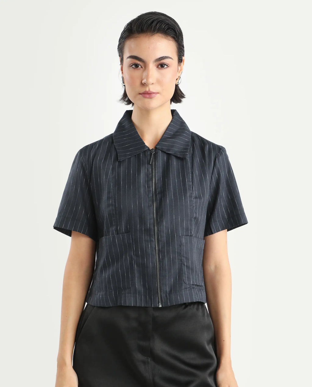 Rareism Women's Klapo Black Viscose Blend Drop Collar Striped Crop Regular Fit Top