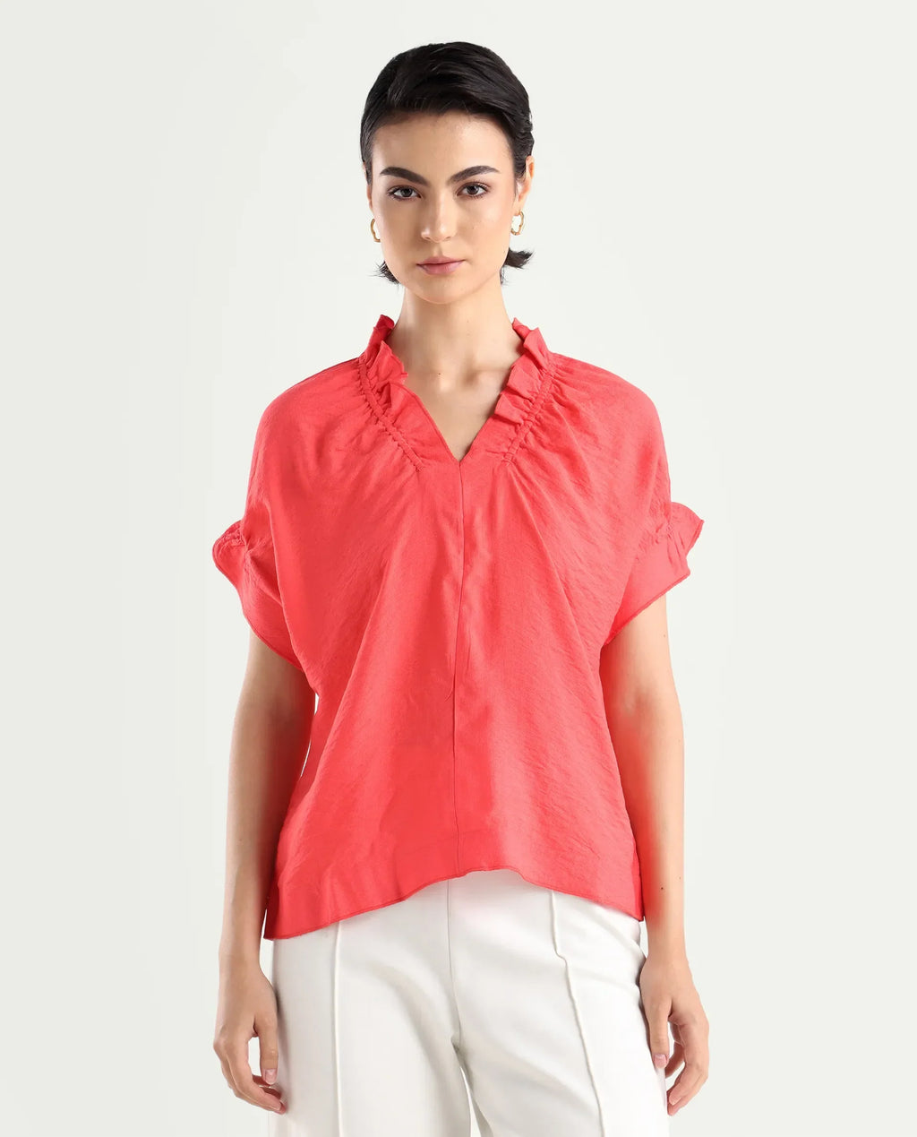 Rareism Women's Tichi Orange Viscose Blend V-Neck Plain Extended Sleeves Regular Fit Top