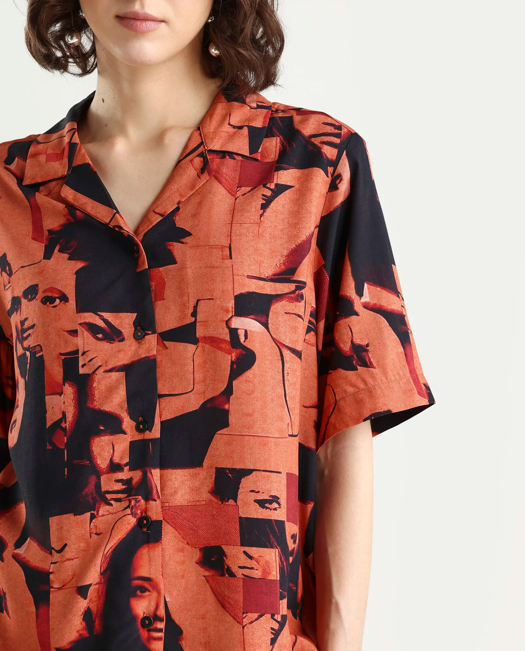 Rareism Women's Hagen Brown Viscose Spread Collar Abstract Print Relaxed Fit Top