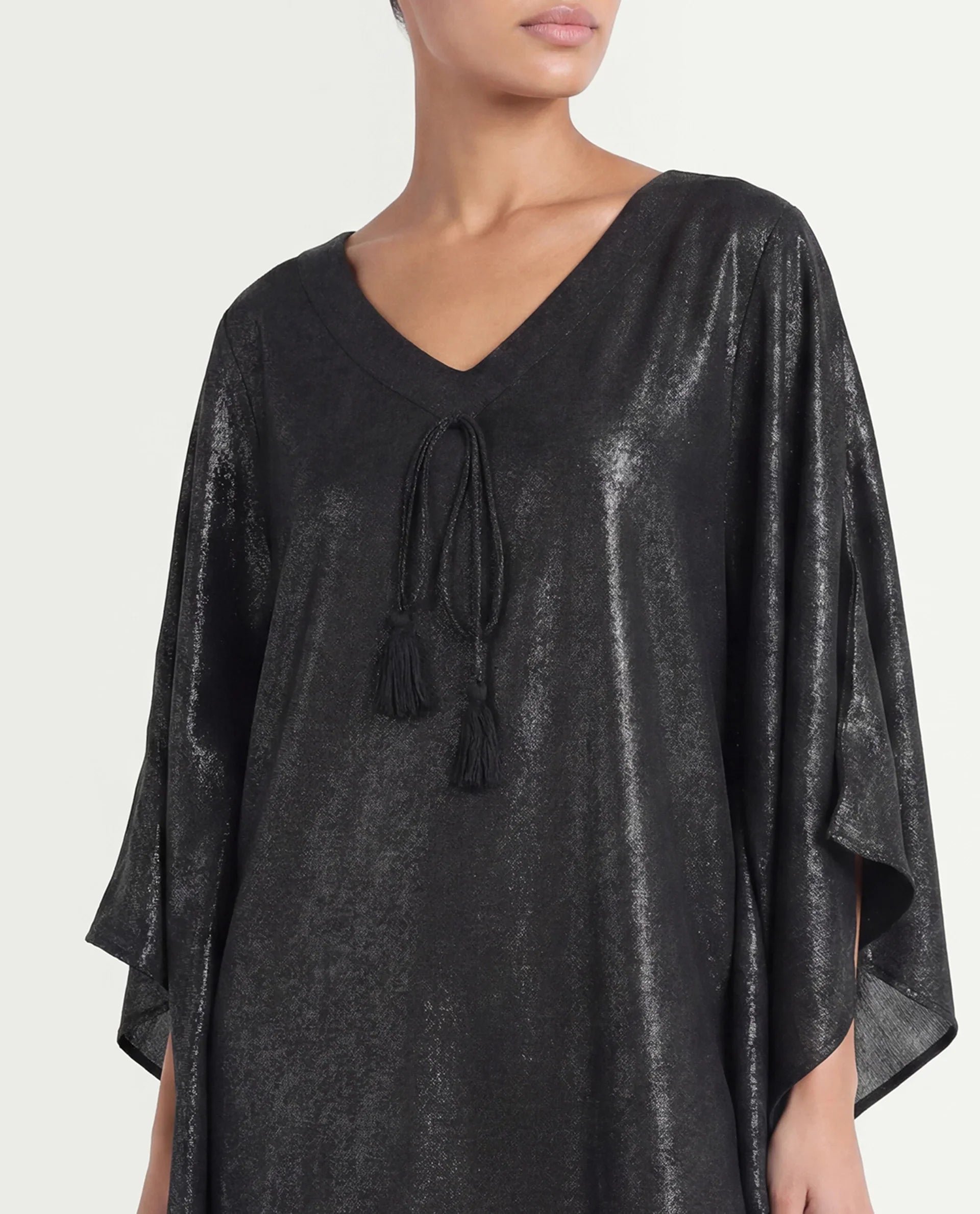 Rareism Women's Esmese Black Polyester V-Neck Plain Extended Sleeves Mini Relaxed Fit Dress