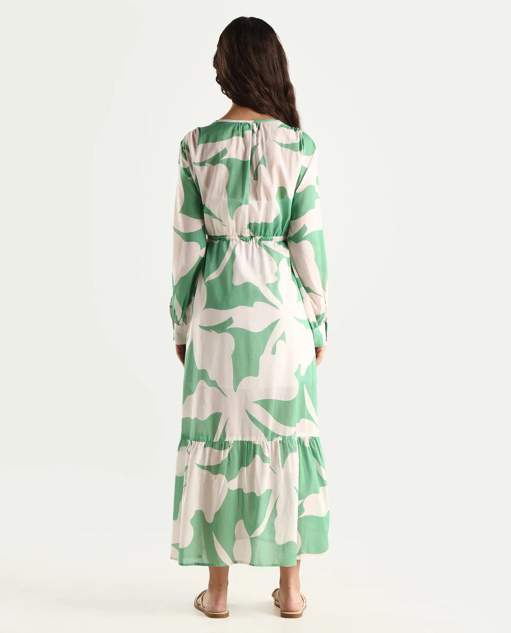 Rareism Women's Adeley Dusky Green Cotton V-Neck Abstract Print Cuffed Sleeve Maxi Regular Fit Shrug
