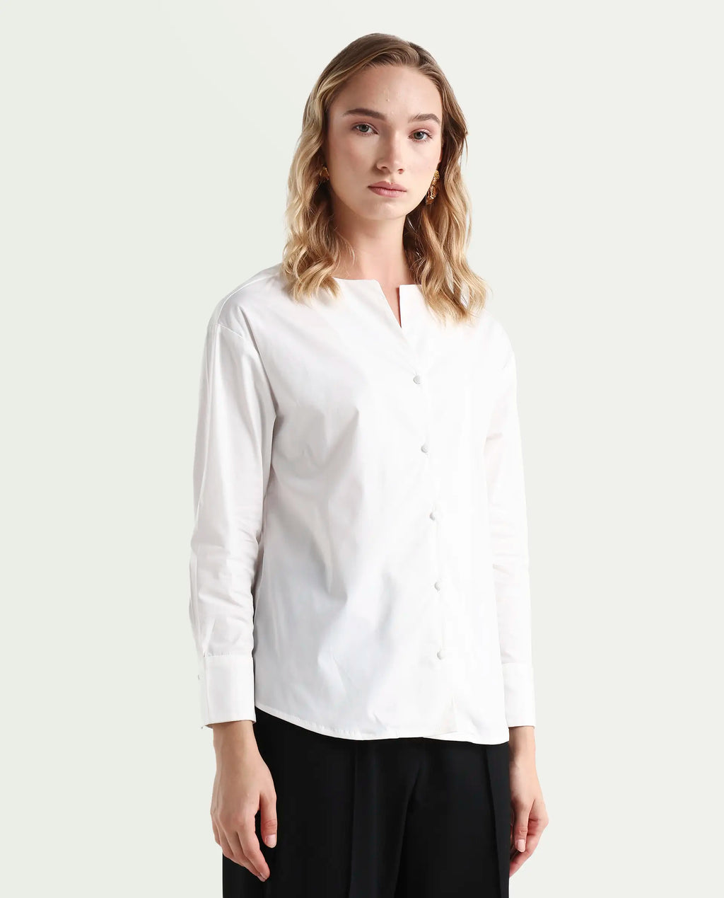 Rareism Women's Nagoya White Cotton Blend Crew Neck Plain Cuffed Sleeve Regular Fit Top