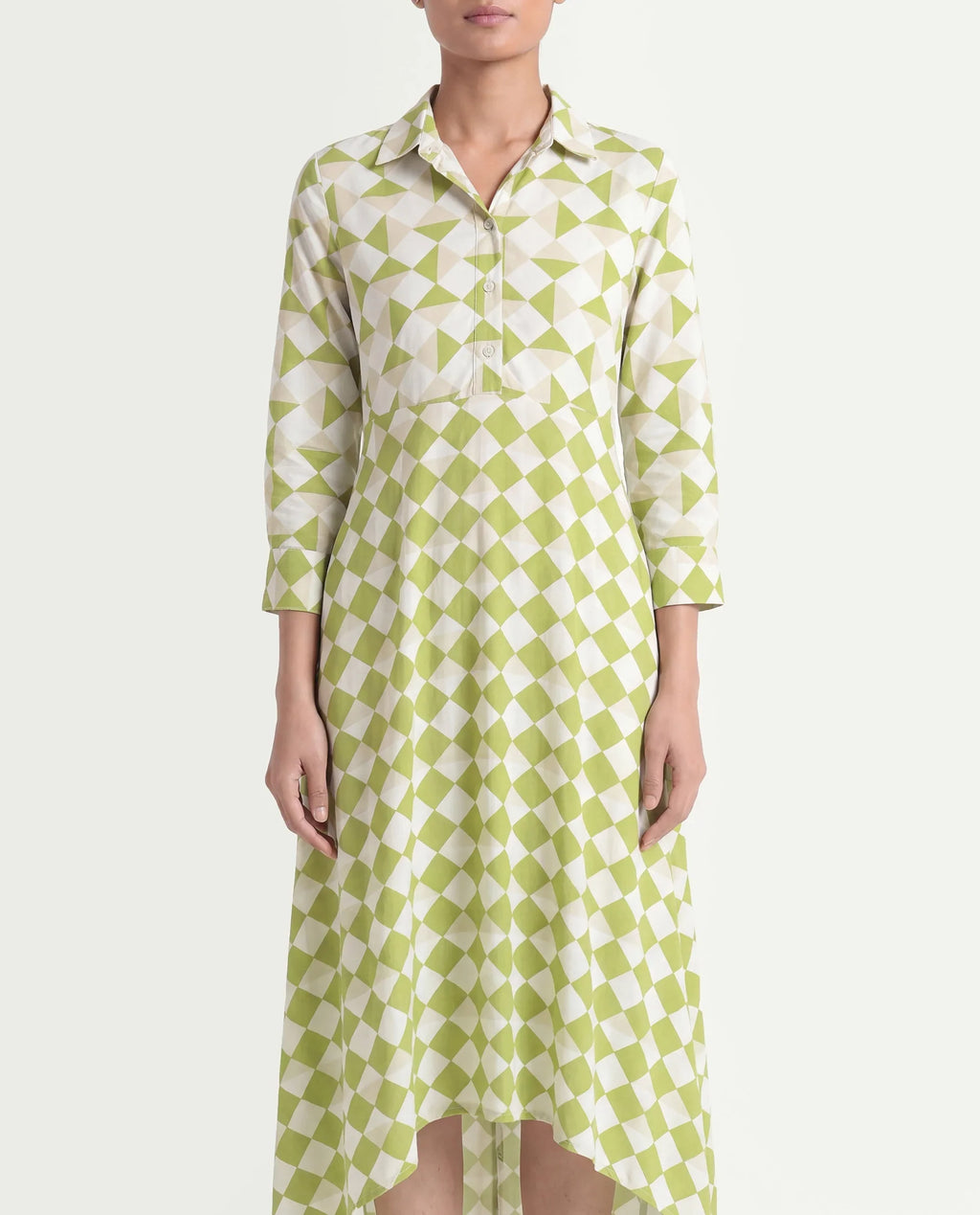 Rareism Women's Alice Light Green Moroccan Crepe Spread Collar Geometric Print Cuffed Sleeve Maxi Flared Dress