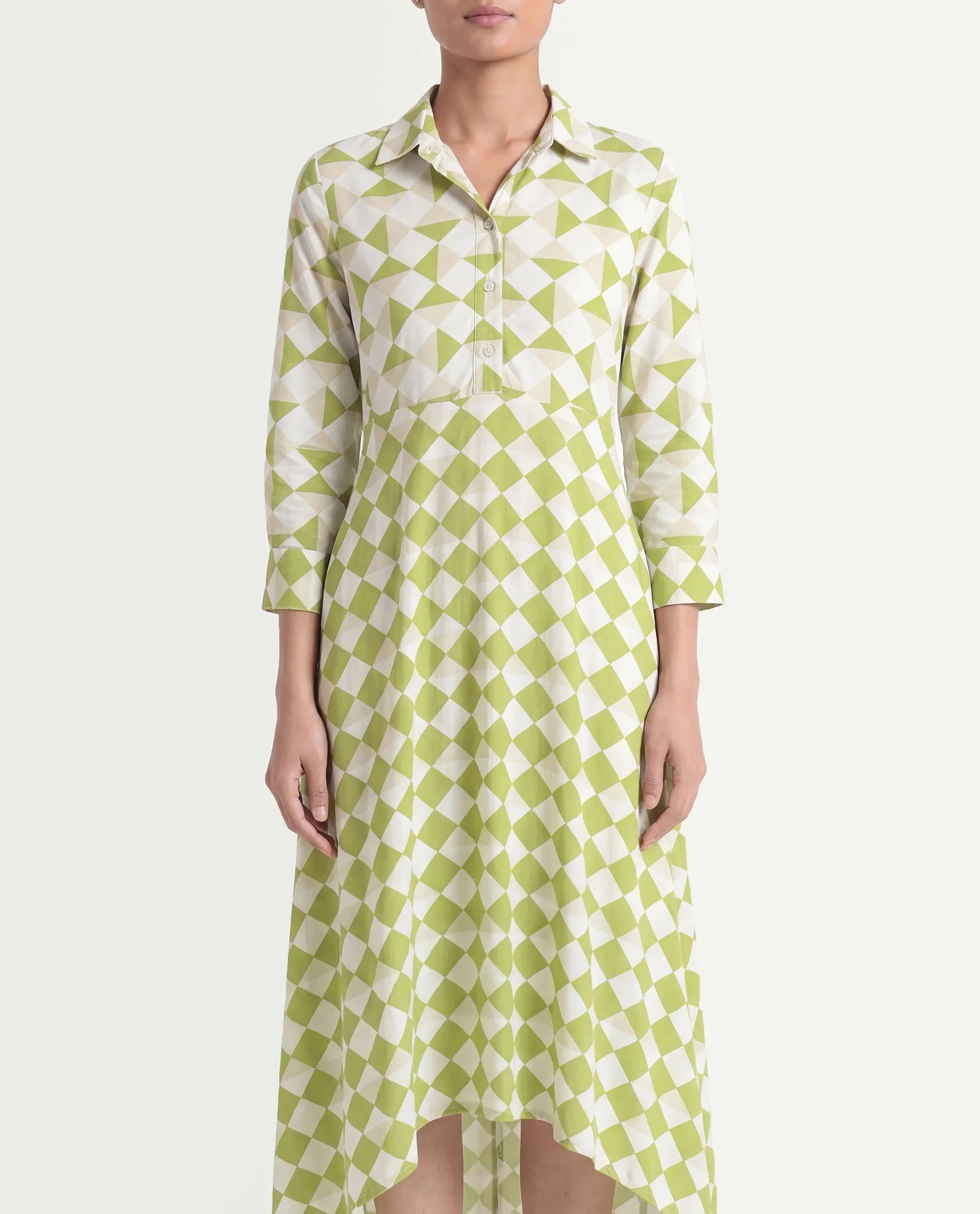 Rareism Women's Alice Light Green Moroccan Crepe Spread Collar Geometric Print Cuffed Sleeve Maxi Flared Dress