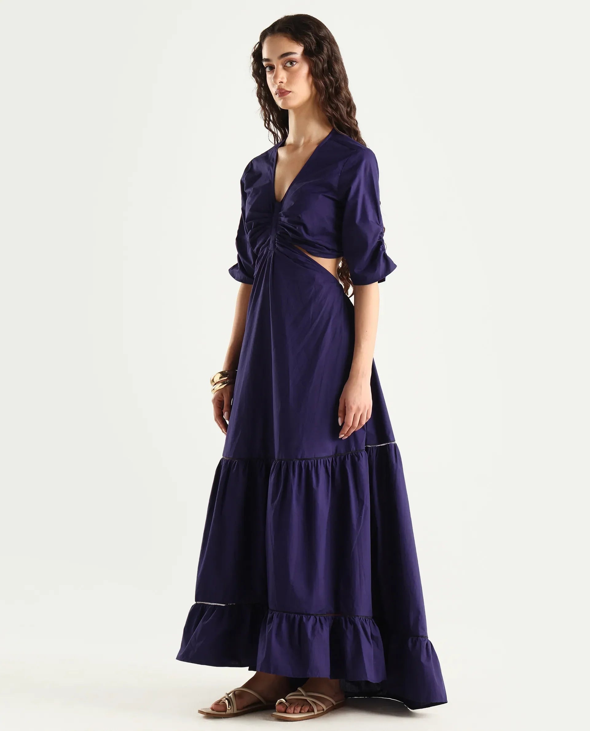 Rareism Women's Lesman Dark Purple Cotton V-Neck Plain Puff Sleeves Maxi Fit And Flare Dress