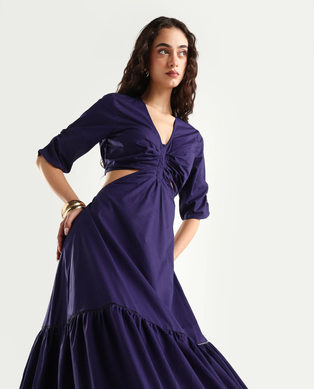Rareism Women's Lesman Dark Purple Cotton V-Neck Plain Puff Sleeves Maxi Fit And Flare Dress
