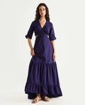 Rareism Women's Lesman Dark Purple Cotton V-Neck Plain Puff Sleeves Maxi Fit And Flare Dress