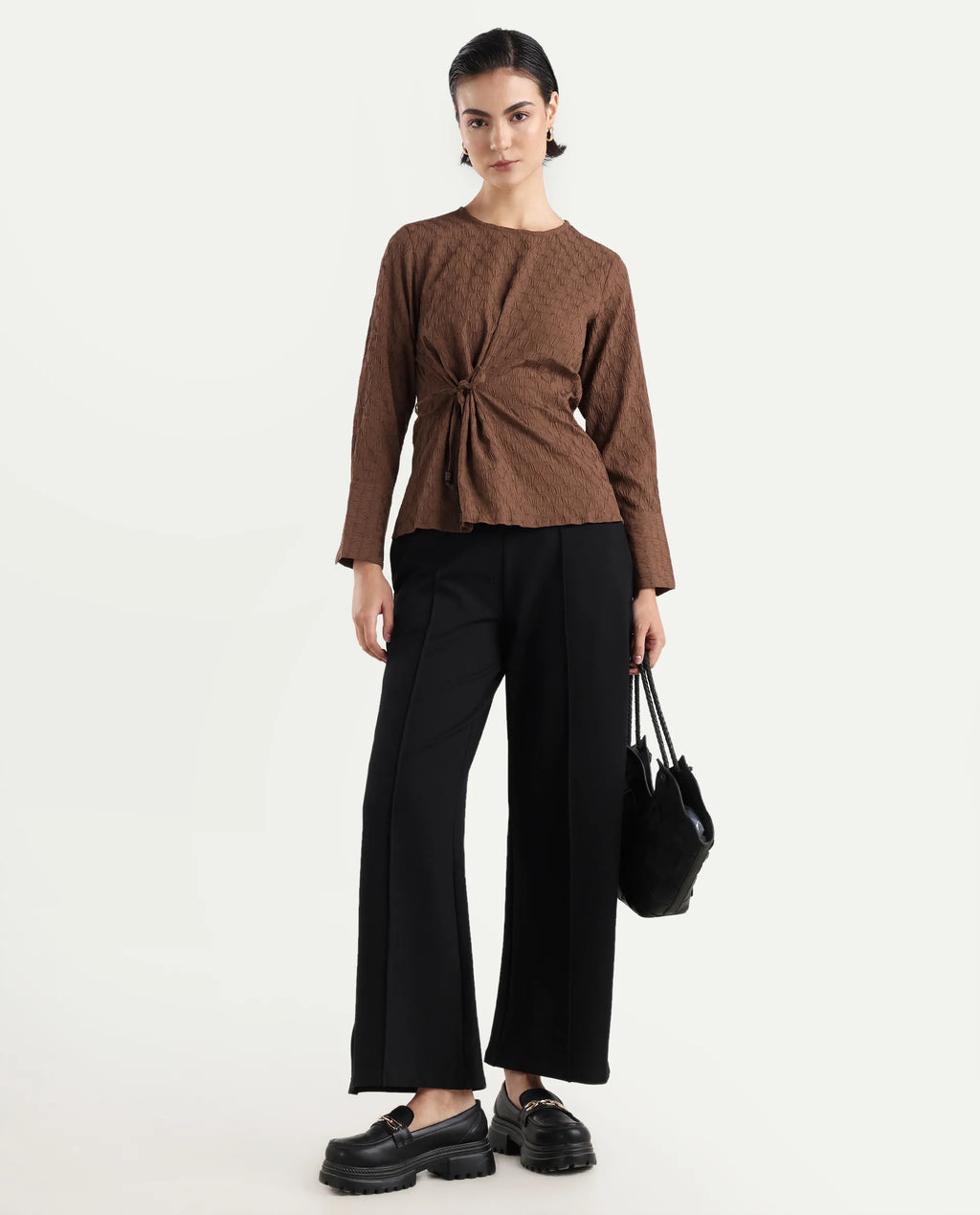 Rareism Women's Kiop Rust Polyester Crew Neck Plain Cuffed Sleeve Regular Fit Top
