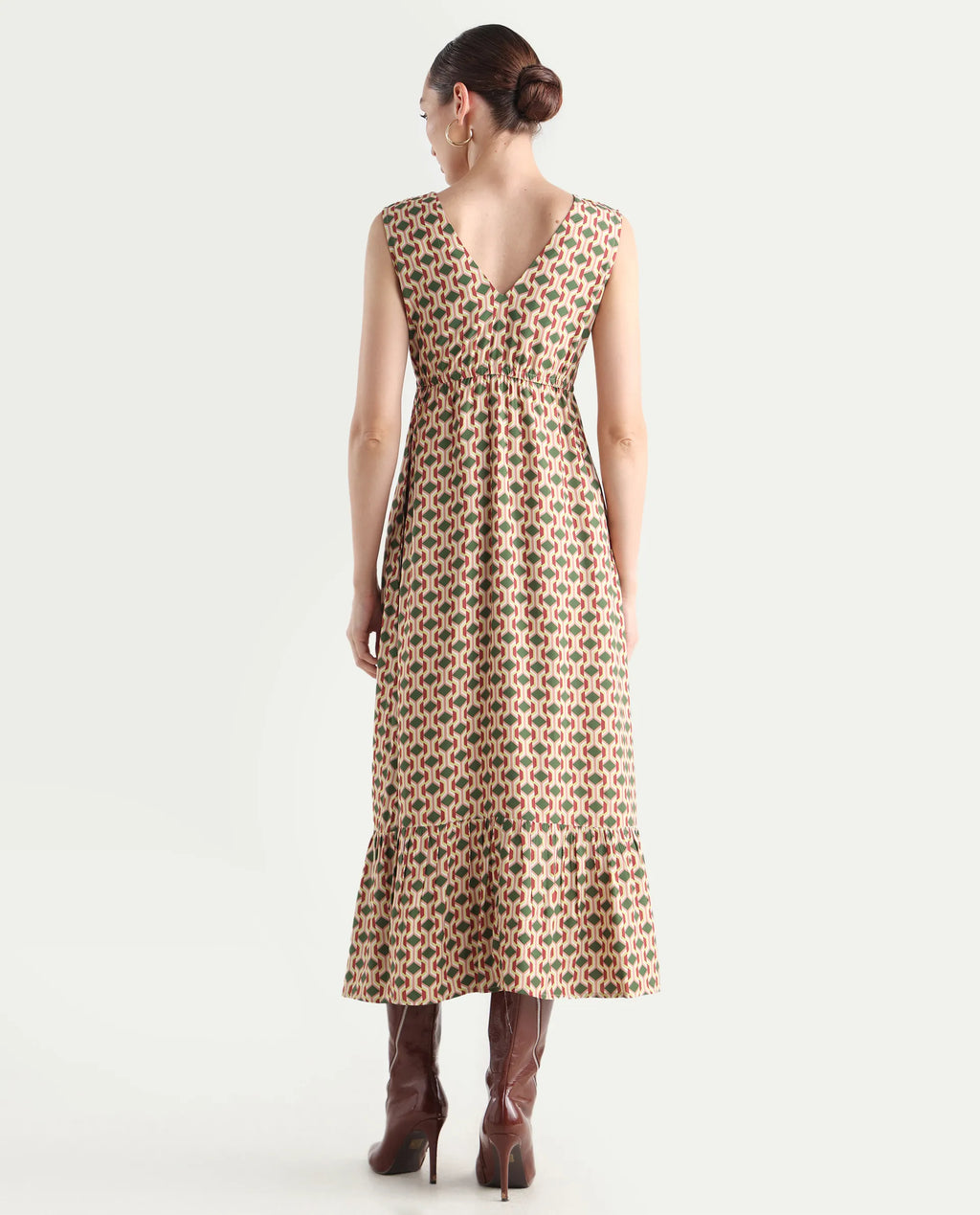 Rareism Women's Braytown Multi Viscose V-Neck Geometric Print Sleeveless Maxi Fit And Flare Dress