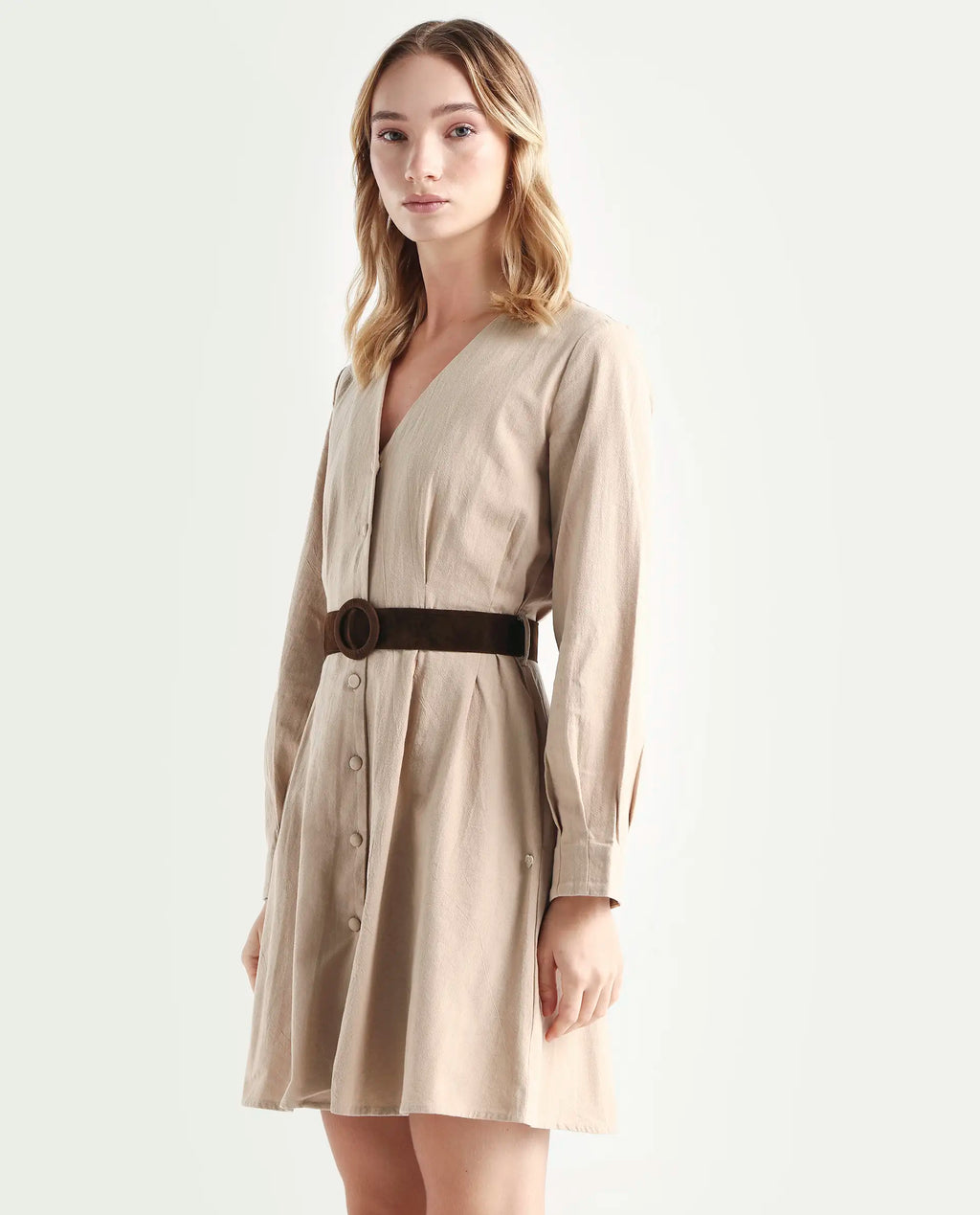 Rareism Women's Nami Beige Cotton V-Neck Plain Cuffed Sleeve Knee Length A-Line Dress