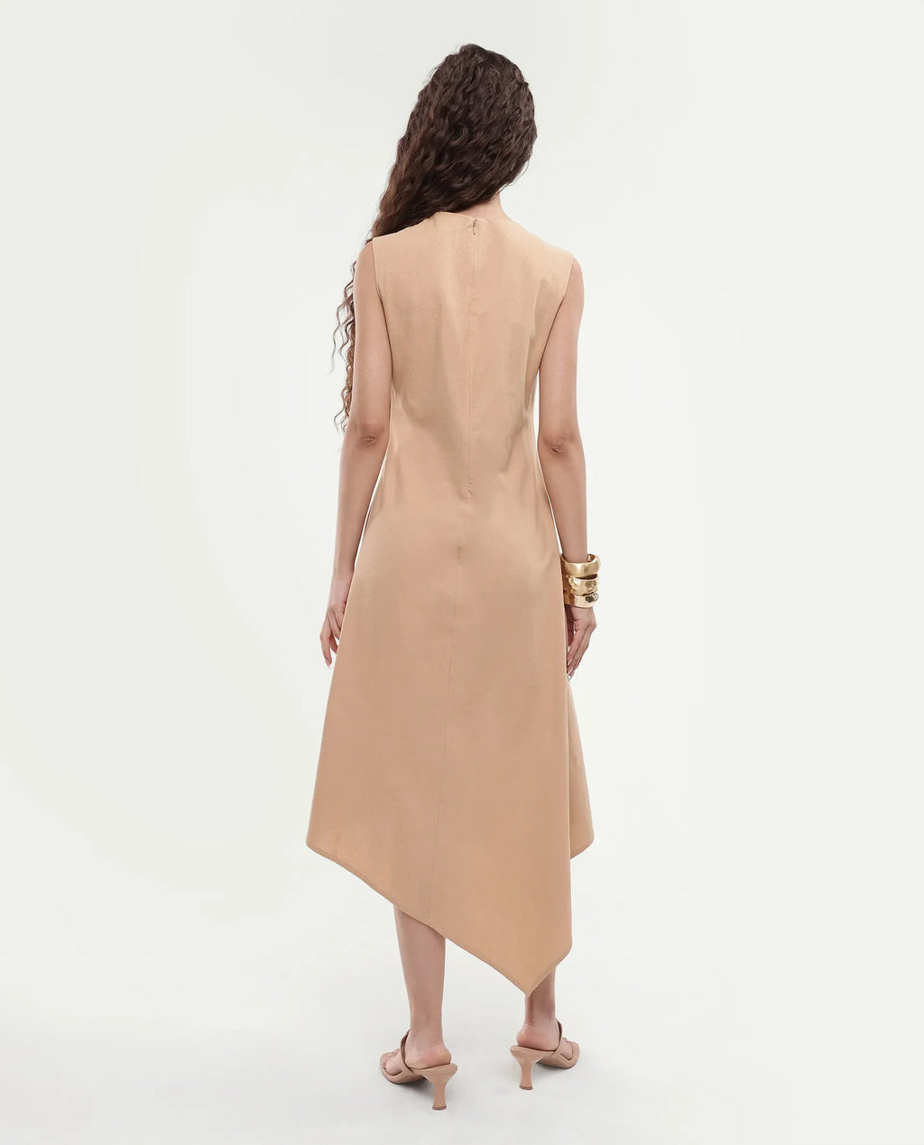 Rareism Women's Melrick Beige Cotton Crew Neck Plain Sleeveless Maxi A-Line Dress