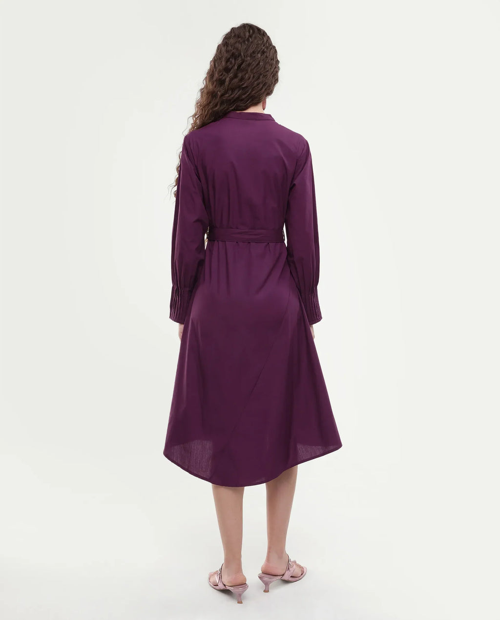 Rareism Women's Iona Purple Cotton Mandarin Collar Plain Cuffed Sleeve Midi Fit And Flare Dress