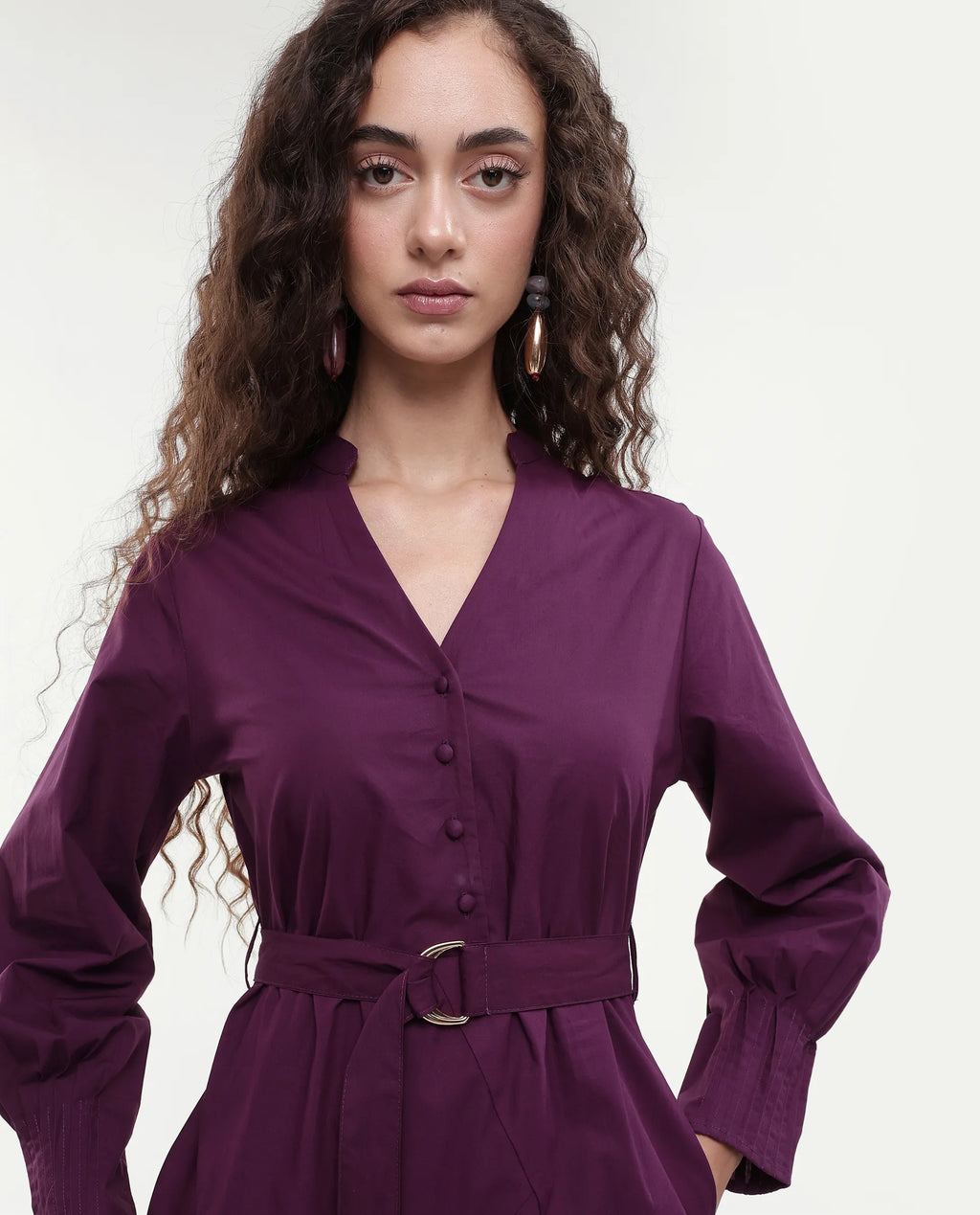 Rareism Women's Iona Purple Cotton Mandarin Collar Plain Cuffed Sleeve Midi Fit And Flare Dress